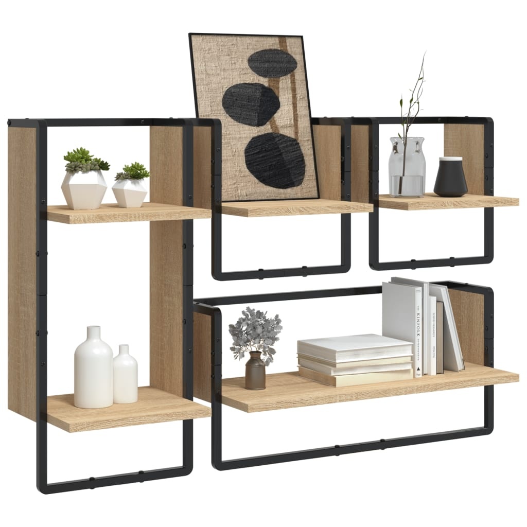 VidaXL 4-delige Wandschappenset met stangen bewerkt hout sonoma eiken