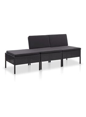VidaXL 3-delige Loungeset met kussens poly rattan zwart