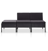 VidaXL 3-delige Loungeset met kussens poly rattan zwart