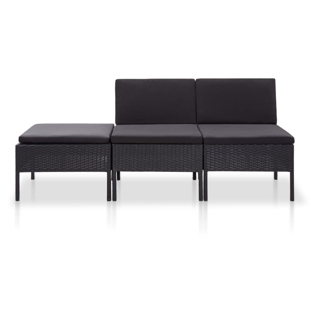 VidaXL 3-delige Loungeset met kussens poly rattan zwart