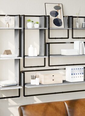 VidaXL 6-delige Wandschappenset met stangen bewerkt hout grijs sonoma