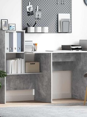 VidaXL Bureau met plank Betongrijs 131,5 x 50 x 106,5 cm Bewerkt hout
