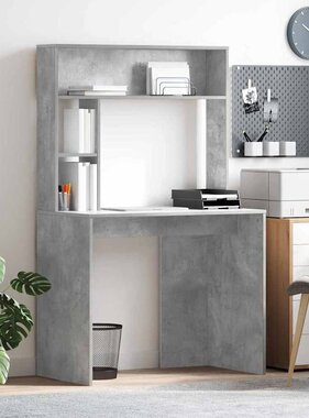 VidaXL Bureau met plank Betongrijs 91 x 50 x 149 cm Bewerkt hout
