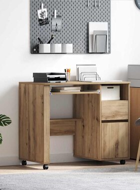 VidaXL Bureau met Wielen artisanaal eikenkleurig 91 x 50 x 77 cm