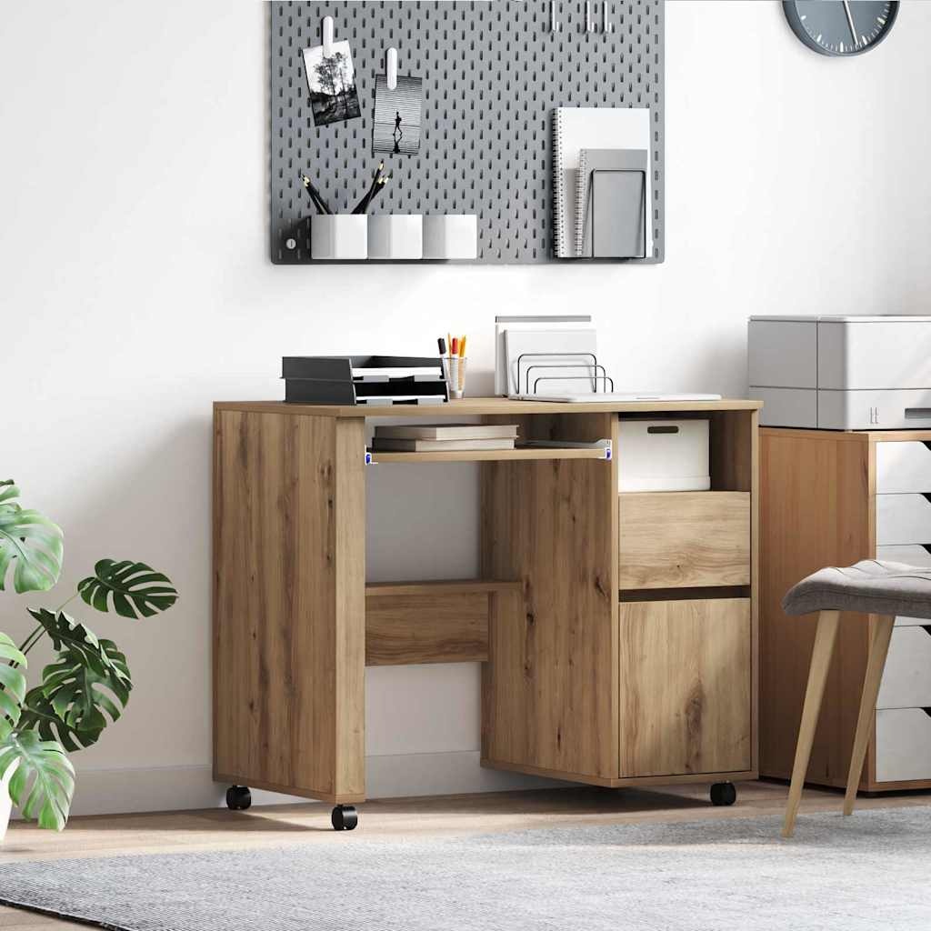 VidaXL Bureau met Wielen artisanaal eikenkleurig 91 x 50 x 77 cm