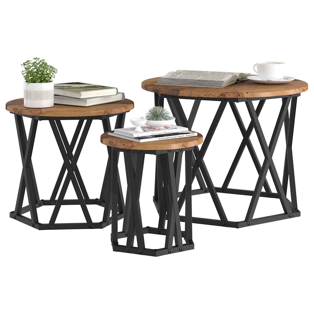 VidaXL Nestbare Bijzettafel 3 pcs Oud hout 53 x 53 x 40 cm