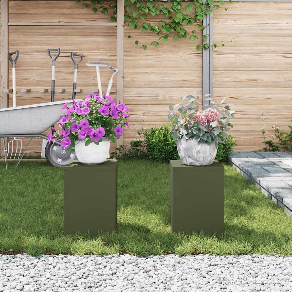 VidaXL Plantenkasten 2 pcs Olijfgroen 24 x 24 x 35 cm Staal