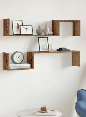VidaXL Wandschappen 2 st 100x15x20 cm bewerkt hout oud houtkleurig
