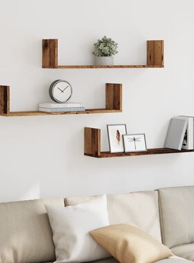 VidaXL Wandschappen 3 st 80x18x18 cm bewerkt hout oud houtkleurig