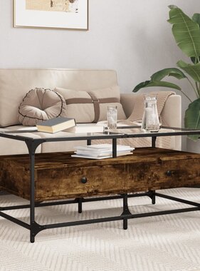 VidaXL Salontafel met glazen blad 98,5x50x45 cm gerookt eiken staal
