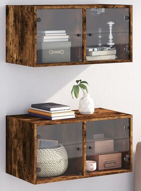 VidaXL Wandkasten met glazen deuren 2 st 68,5x37x35 cm gerookt eiken
