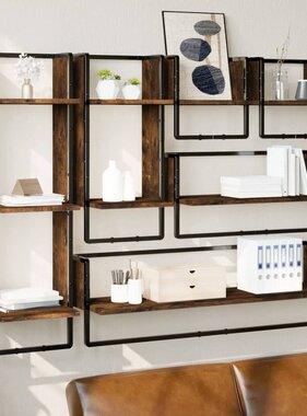 VidaXL 6-delige Wandschappenset met stangen bewerkt hout gerookt eiken