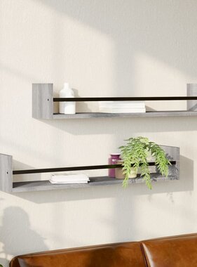 VidaXL Wandschappen met stangen 2 st 80x16x14 cm grijs sonoma
