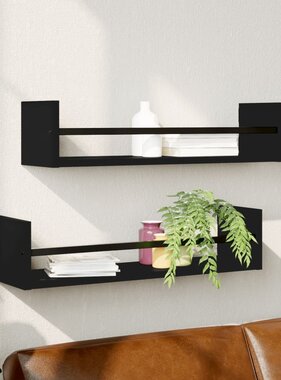 VidaXL Wandschappen met stangen 2 st 60x16x14 cm zwart
