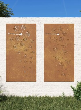VidaXL Wanddecoratie tuin 2 st bloemenontwerp 105x55 cm cortenstaal