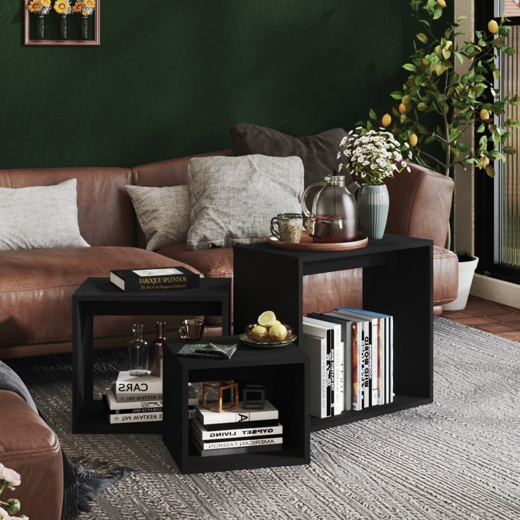 VidaXL 3-delige Tafeltjesset spaanplaat zwart