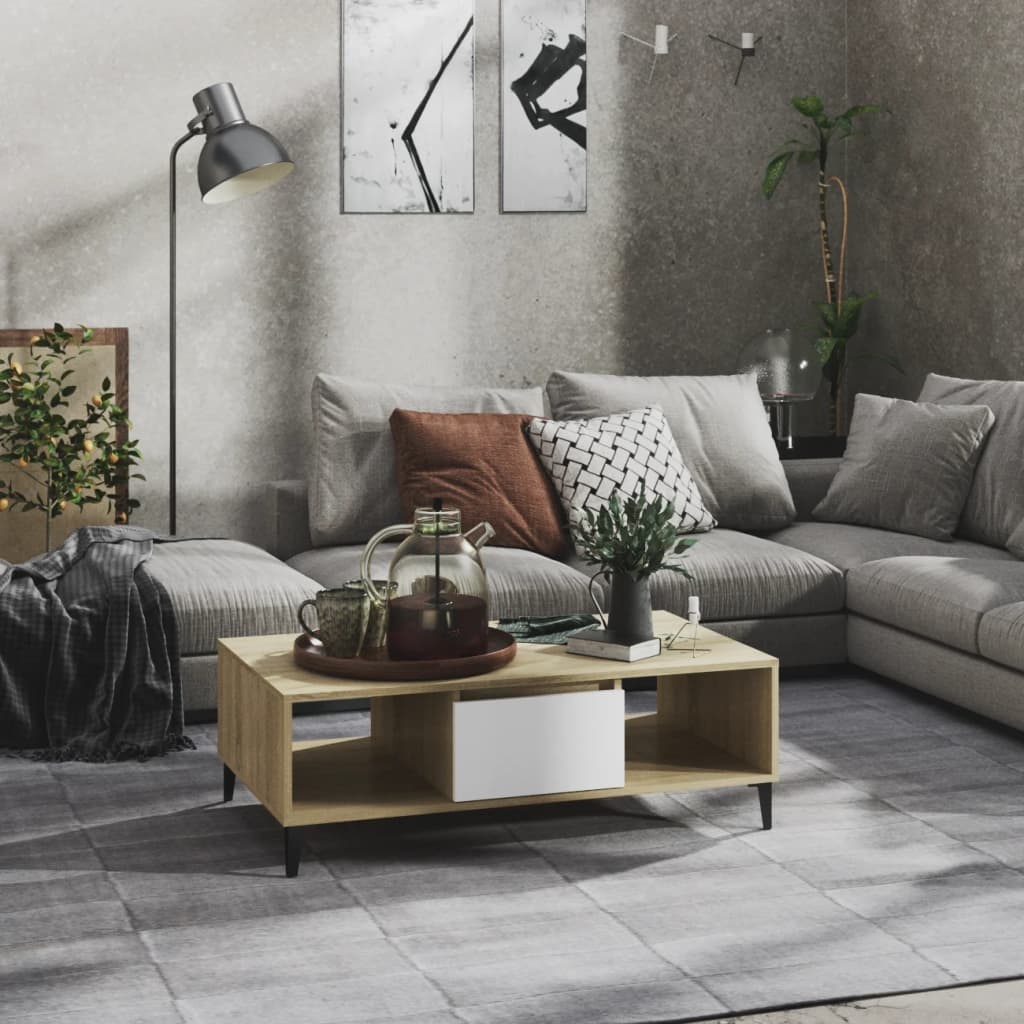 VidaXL Salontafel 103,5x60x35 cm bewerkt hout wit en sonoma eikenkleur