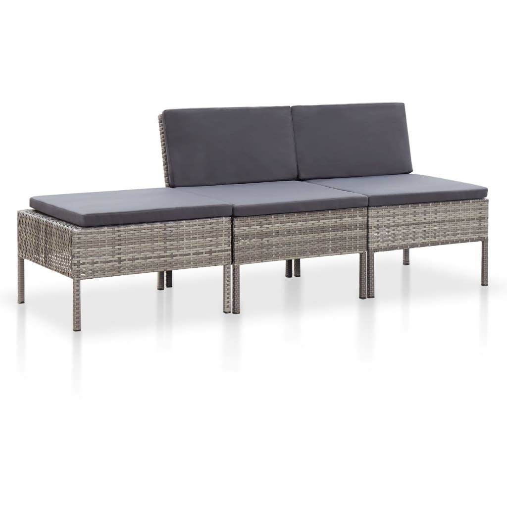 VidaXL 3-delige Loungeset met kussens poly rattan grijs
