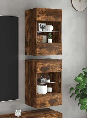 VidaXL Wandkasten met LED-verlichting voor tv 2 st 40x30x60,5 cm gerookt eikenkleurig
