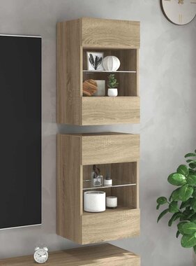 VidaXL Wandkasten met LED-verlichting voor tv 2 st 40x30x60,5 cm sonoma eikenkleurig