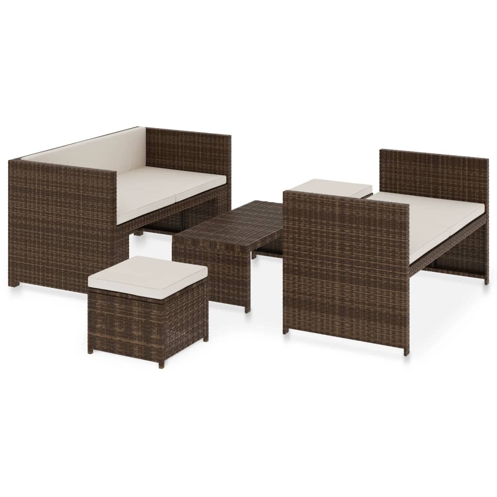VidaXL 5-delige Loungeset met kussens poly rattan bruin