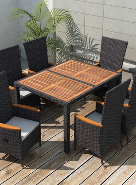 VidaXL 7-delige Tuinset poly rattan acaciahout zwart