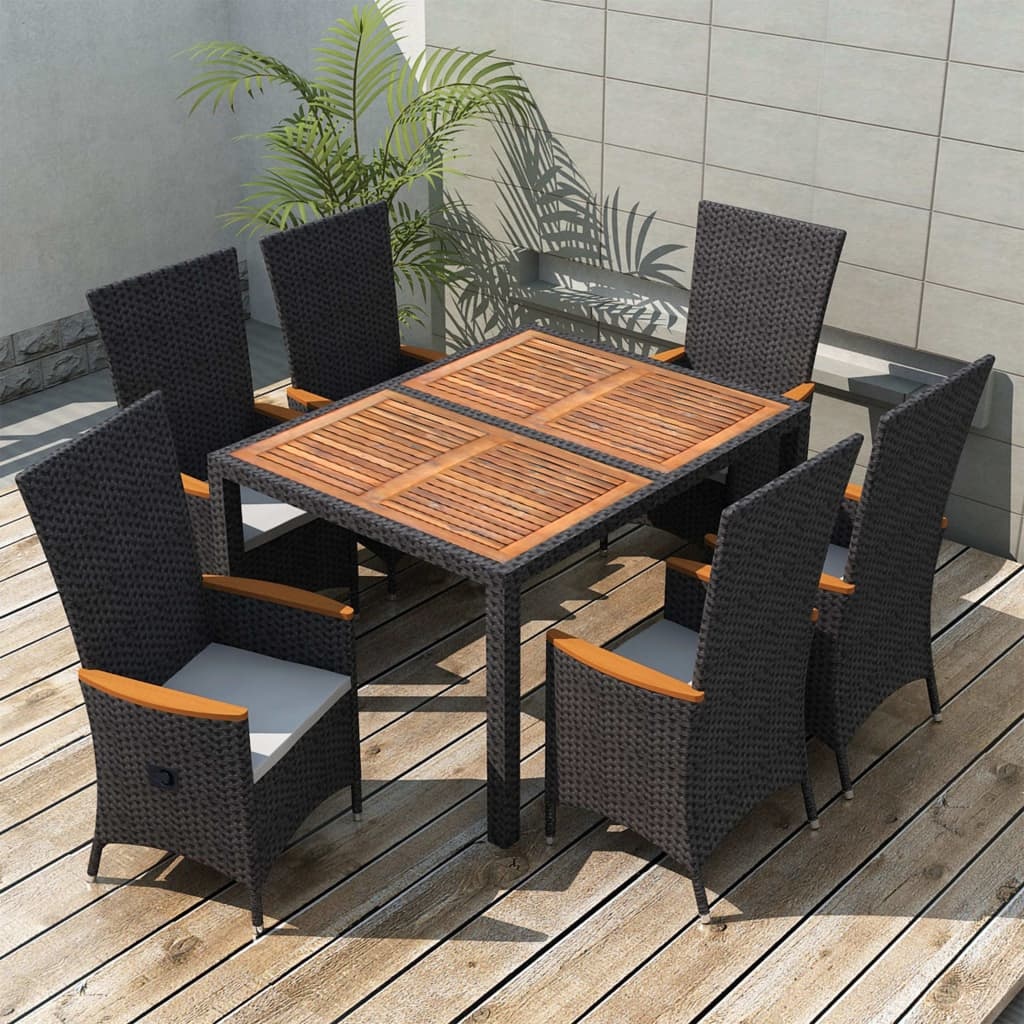 VidaXL 7-delige Tuinset poly rattan acaciahout zwart