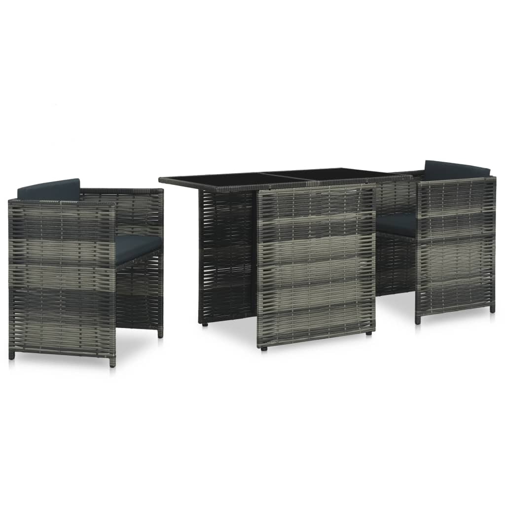 VidaXL 3-delige Bistroset met kussens poly rattan grijs