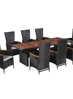VidaXL 9-delige Tuinset met kussens poly rattan zwart