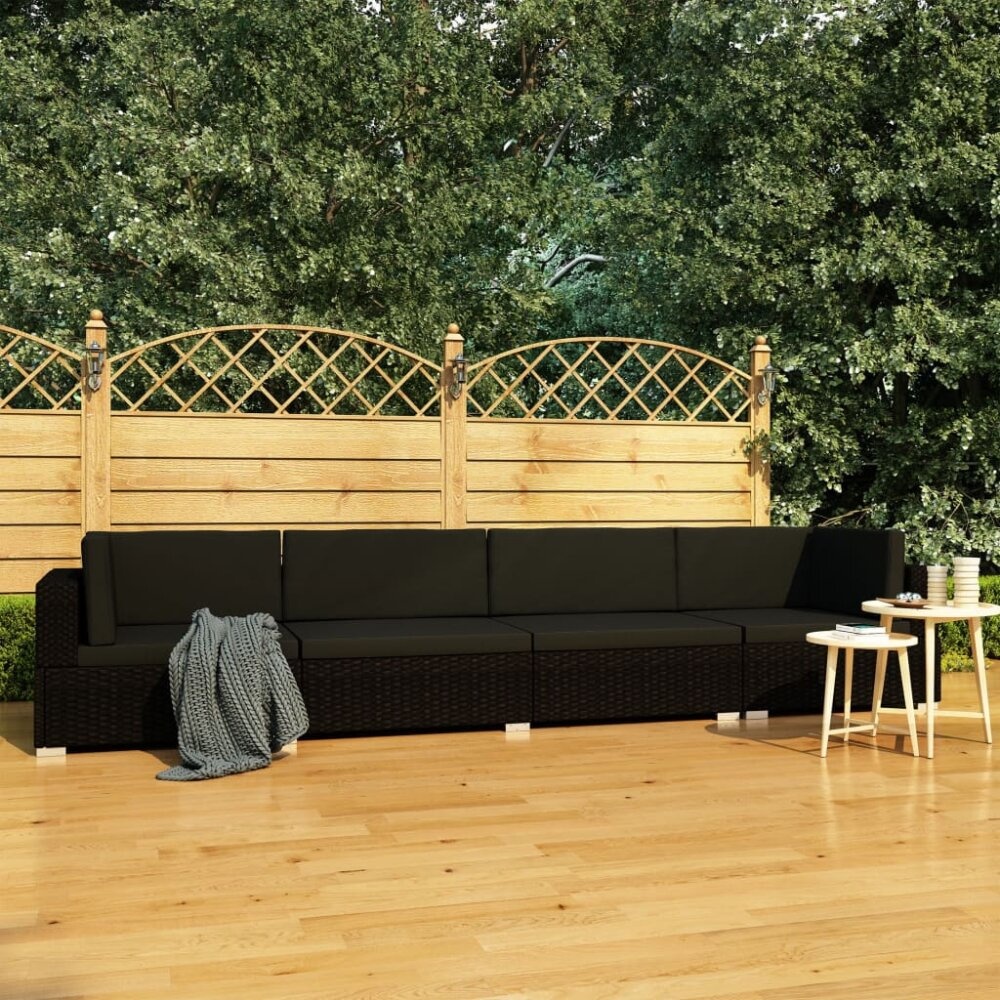 VidaXL 4-delige Loungeset met kussens poly rattan zwart