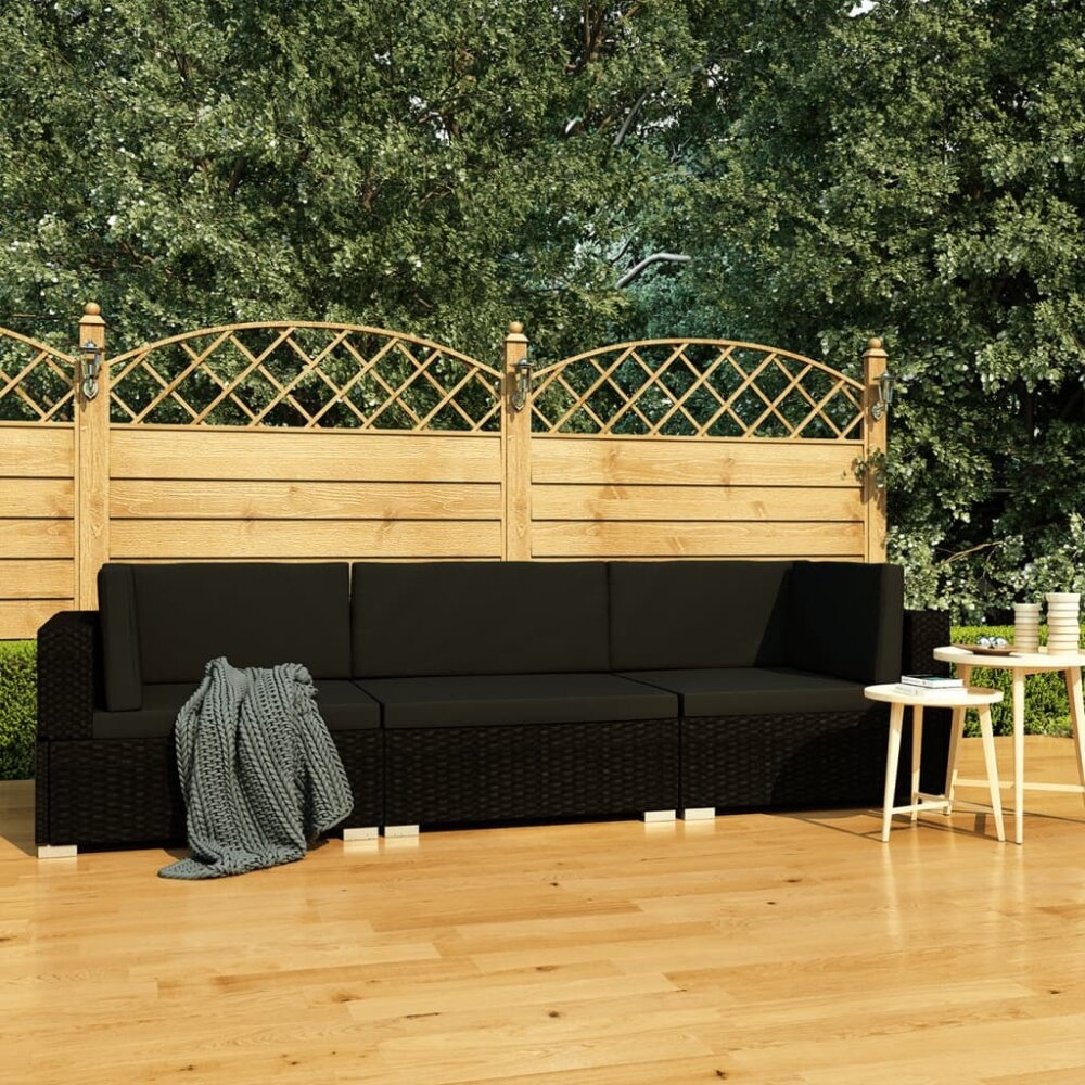 VidaXL 3-delige Loungeset met kussens poly rattan zwart