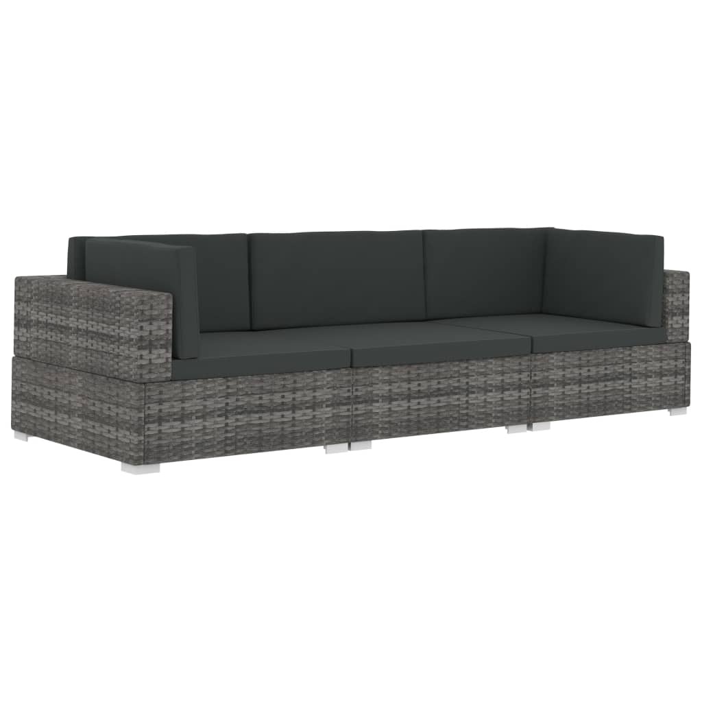 VidaXL 3-delige Loungeset met kussens poly rattan grijs