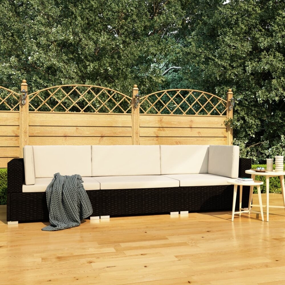 VidaXL 3-delige Loungeset met kussens poly rattan zwart