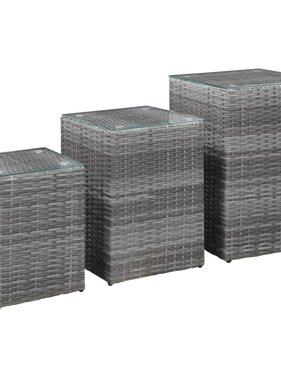 VidaXL 3-delige Bijzettafelset met glazen blad poly rattan grijs