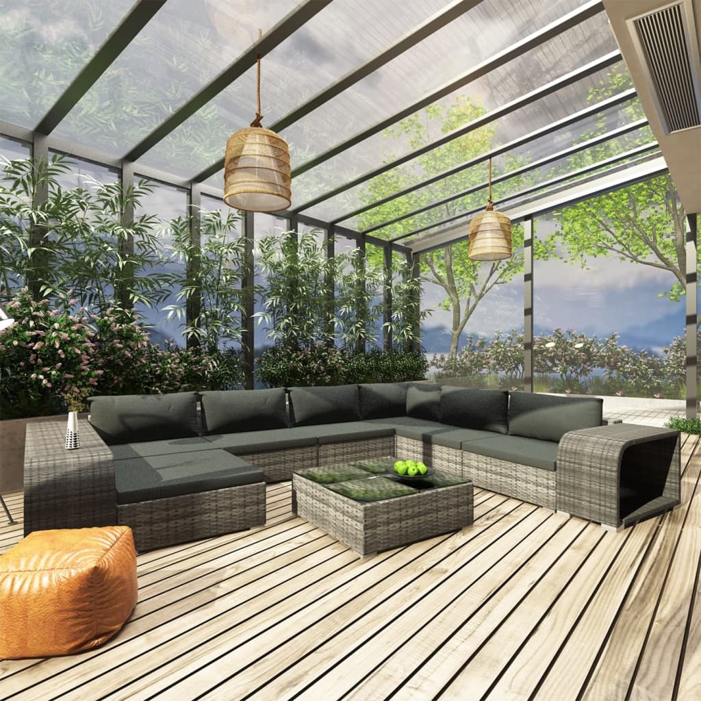 VidaXL 10-delige Loungeset met kussens poly rattan grijs
