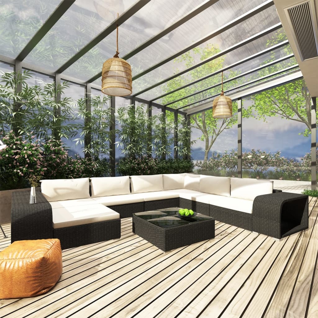 VidaXL 10-delige Loungeset met kussens poly rattan zwart