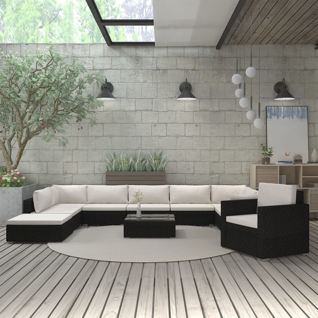 VidaXL 11-delige Loungeset met kussens poly rattan zwart