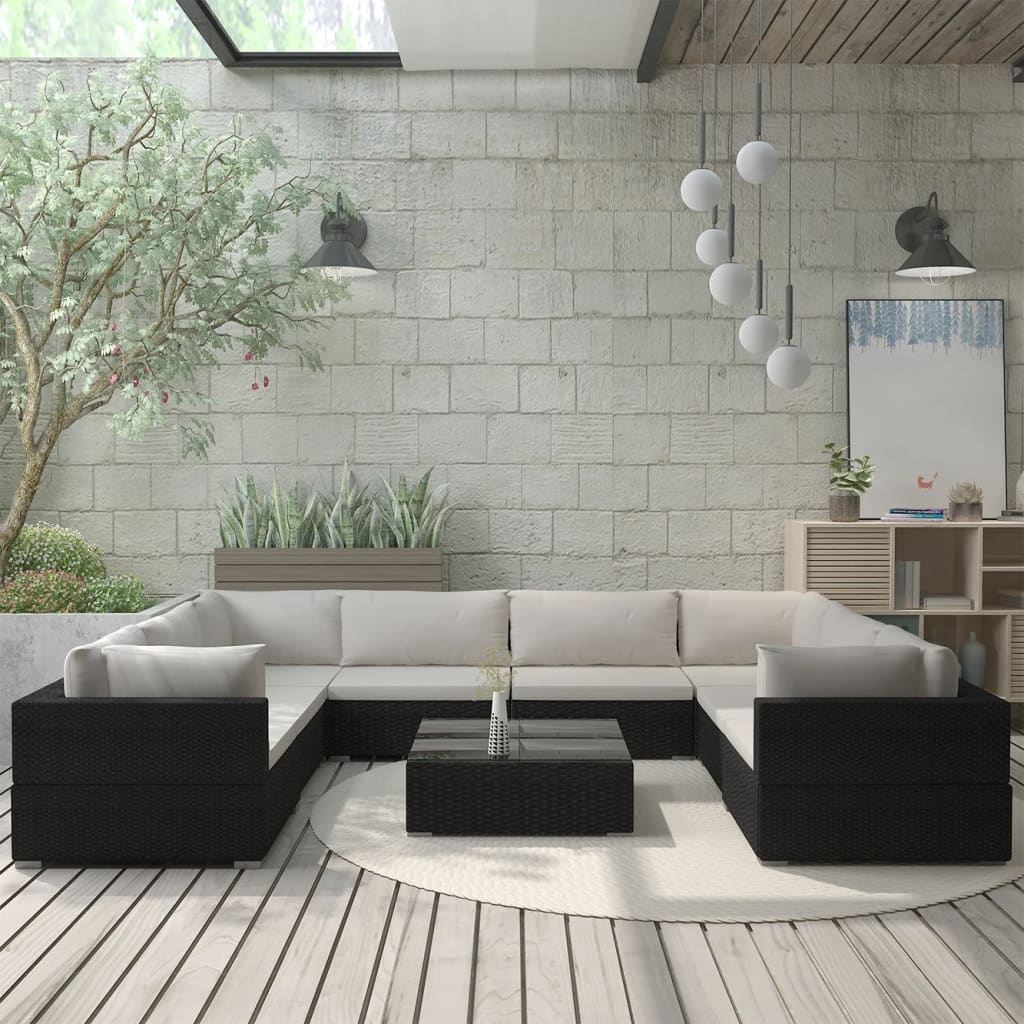 VidaXL 9-delige Loungeset met kussens poly rattan zwart