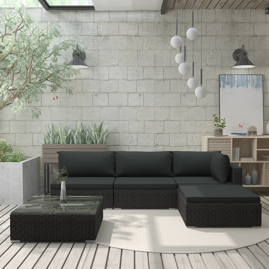 VidaXL 5-delige Loungeset met kussens poly rattan zwart