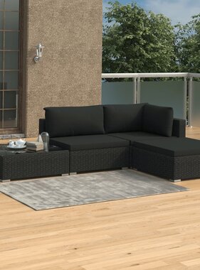 VidaXL 4-delige Loungeset met kussens poly rattan zwart