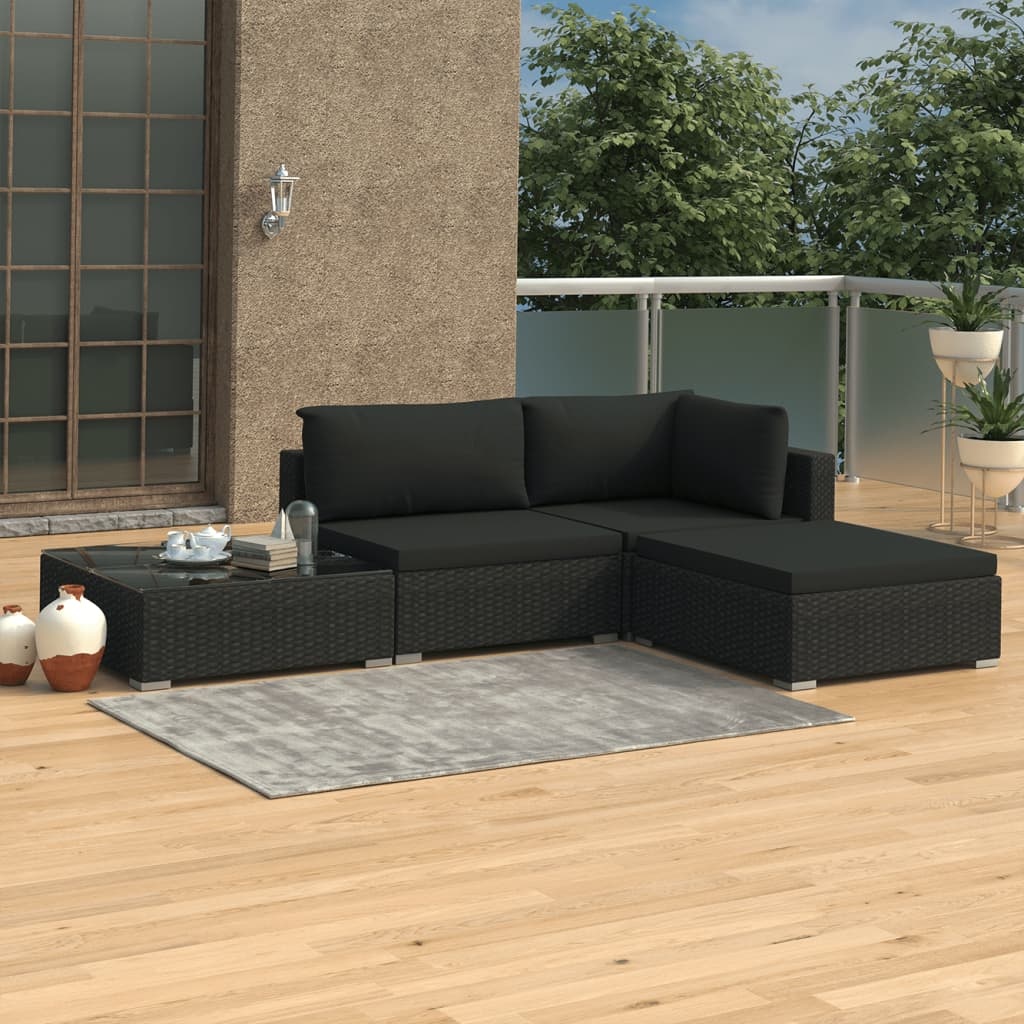 VidaXL 4-delige Loungeset met kussens poly rattan zwart