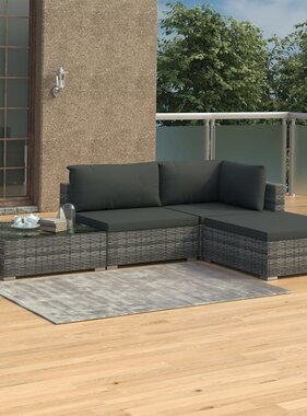 VidaXL 4-delige Loungeset met kussens poly rattan grijs