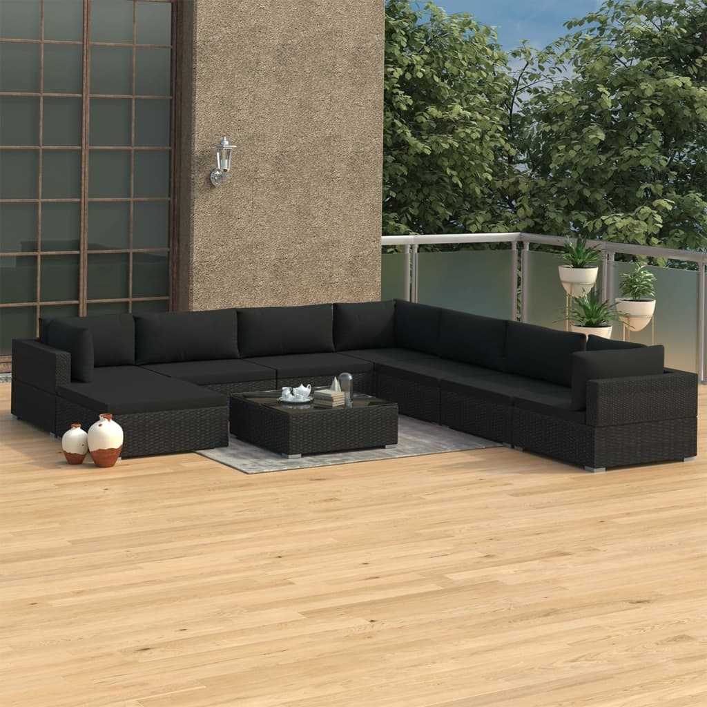 VidaXL 9-delige Loungeset met kussens poly rattan zwart
