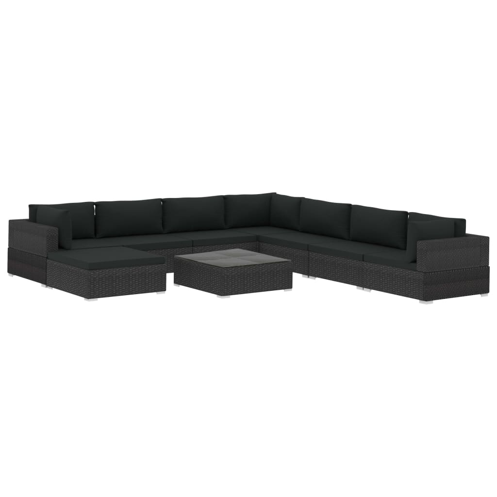 VidaXL 9-delige Loungeset met kussens poly rattan zwart