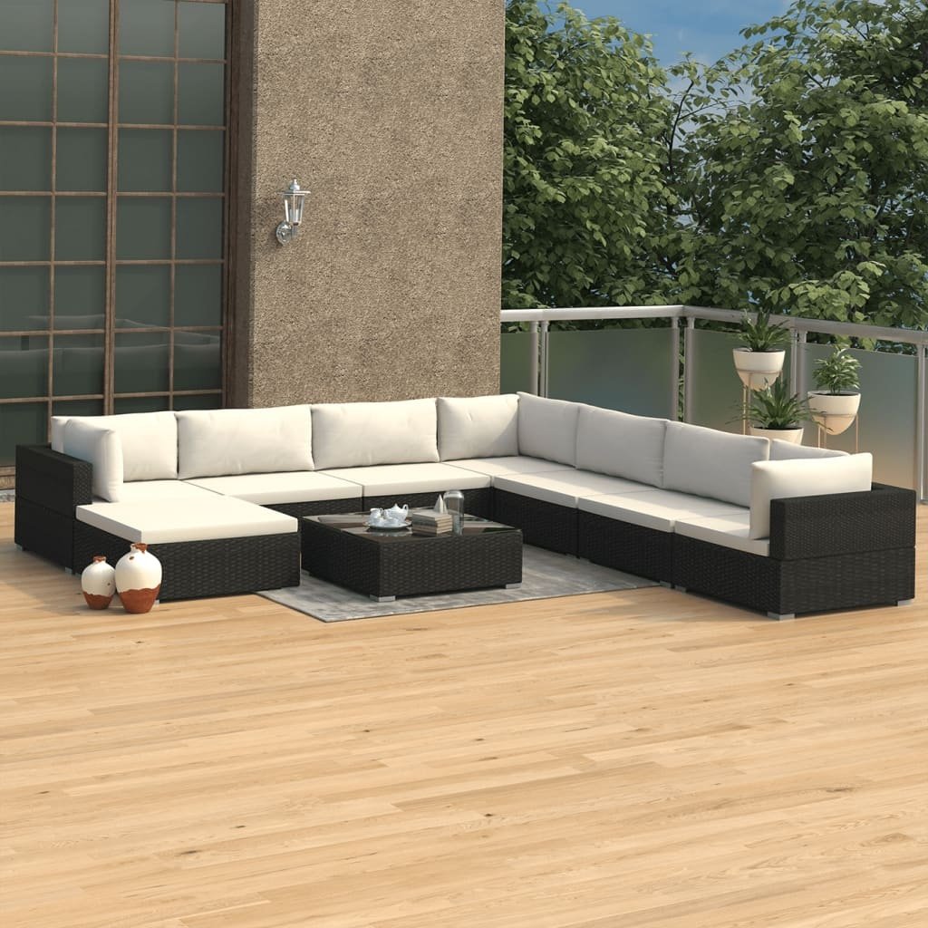 VidaXL 9-delige Loungeset met kussens poly rattan zwart