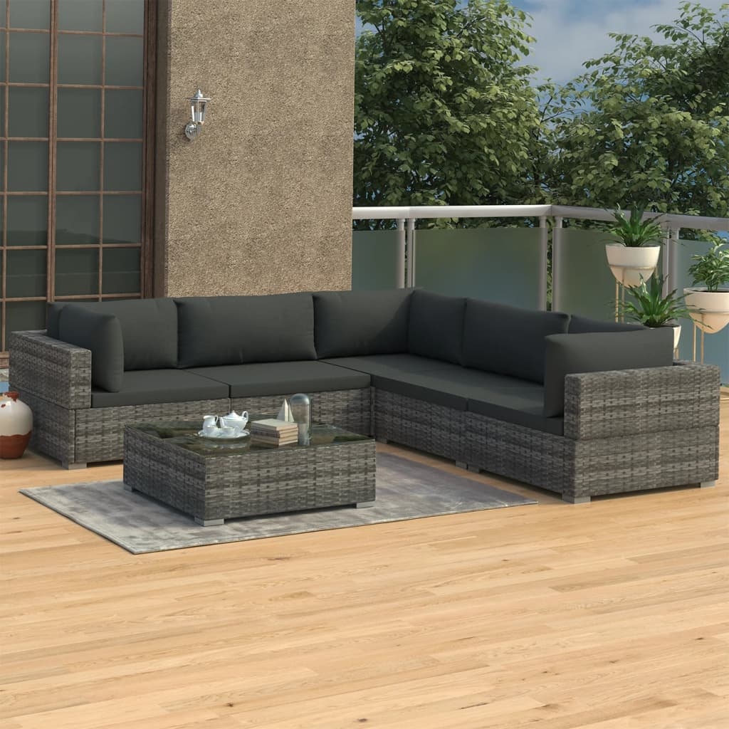 VidaXL 6-delige Loungeset met kussens poly rattan grijs