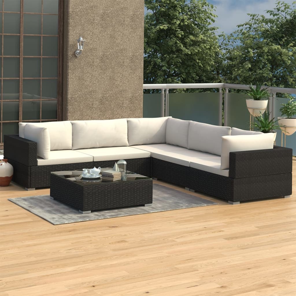 VidaXL 6-delige Loungeset met kussens poly rattan zwart