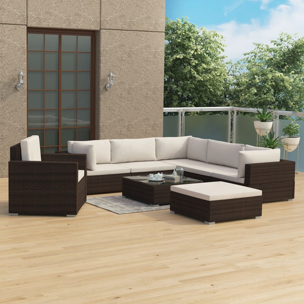 VidaXL 8-delige Loungeset met kussens poly rattan bruin