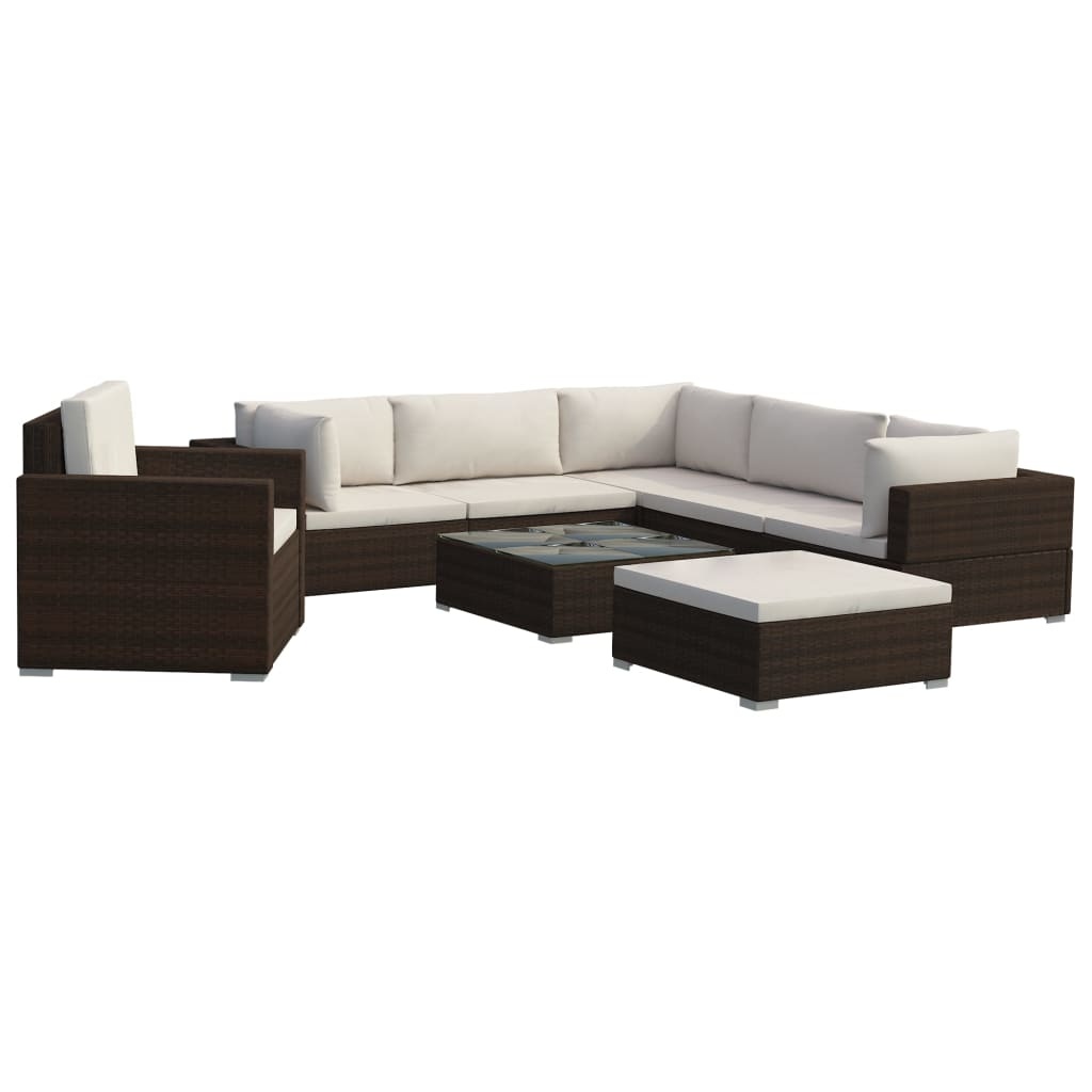 VidaXL 8-delige Loungeset met kussens poly rattan bruin