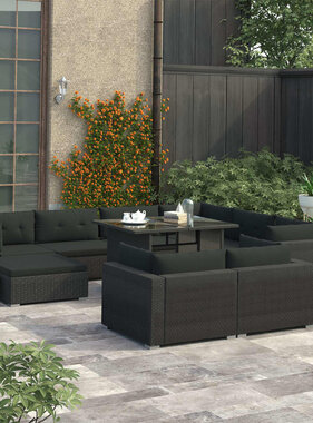 VidaXL 10-delige Loungeset met kussens poly rattan zwart